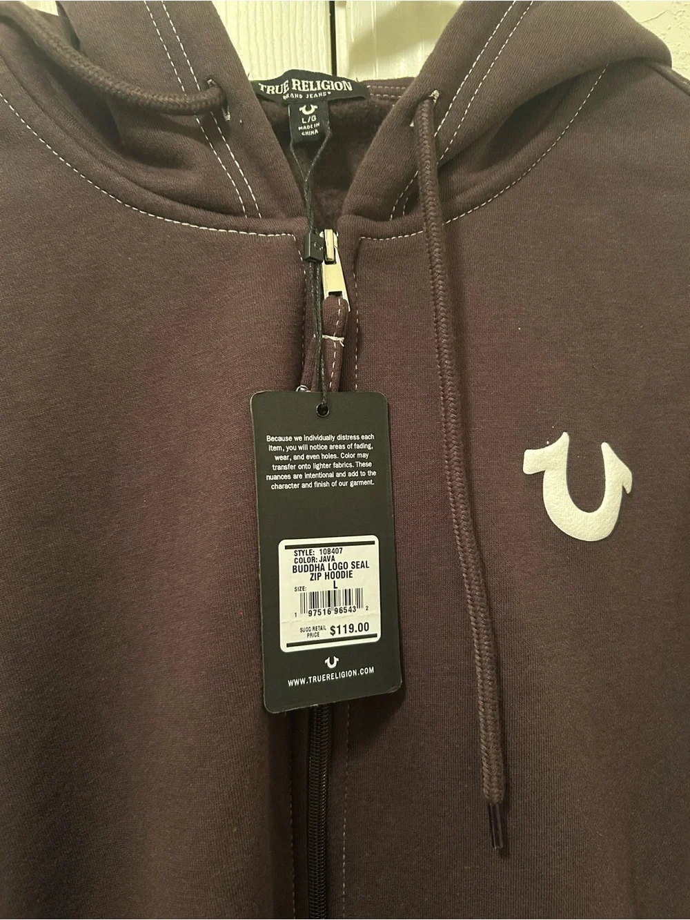True Religion Men's Zip-Up Hoodie - Dark Brown with White Logo